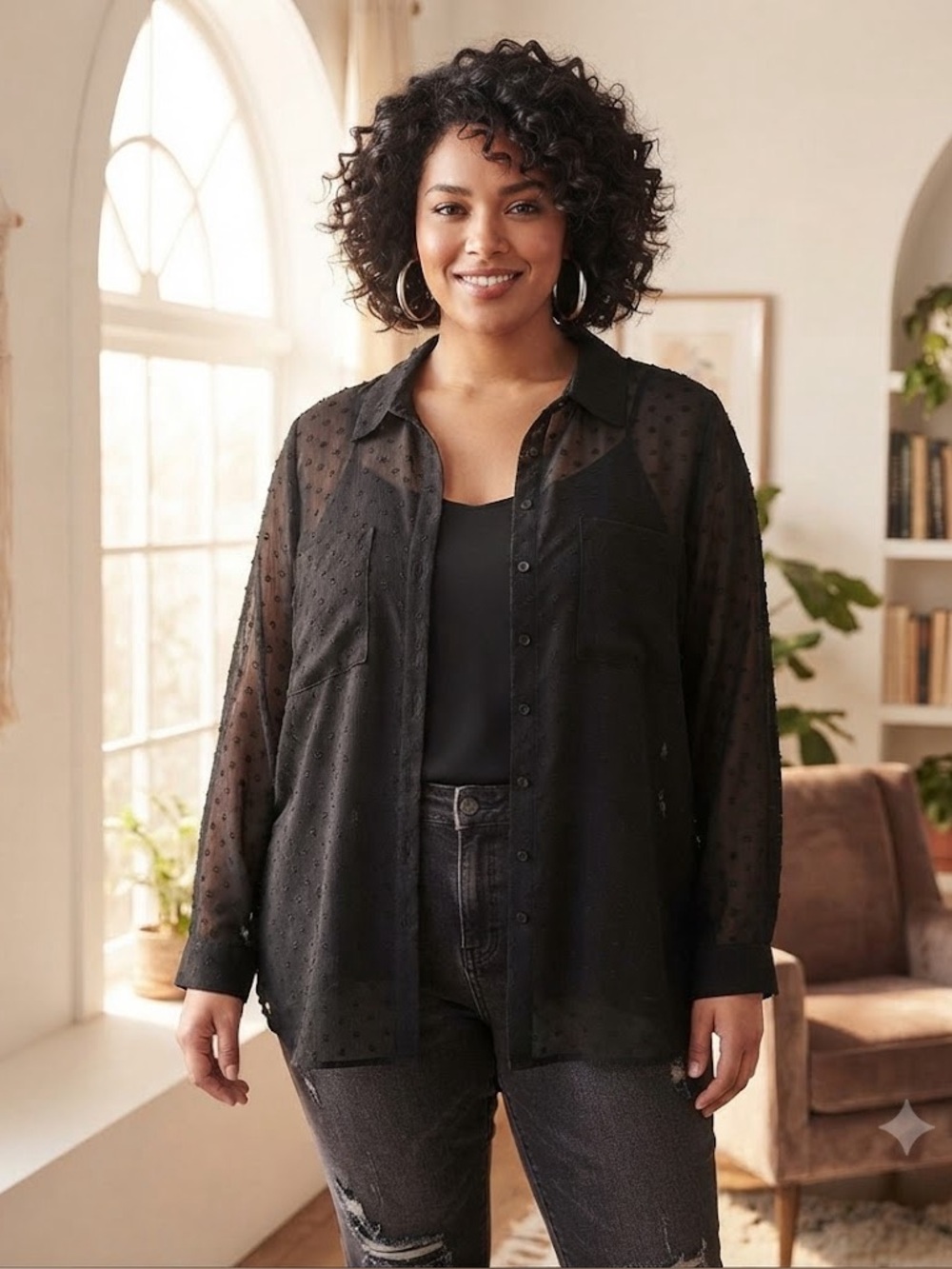 Torrid Black Sheer Polka Dot Button Down Blouse Size 5X
